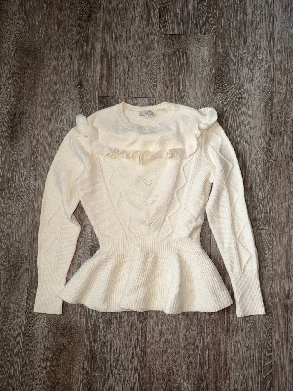 TED BAKER Knit Peplum Wool Blend Sweater ivory ruffles minimalist